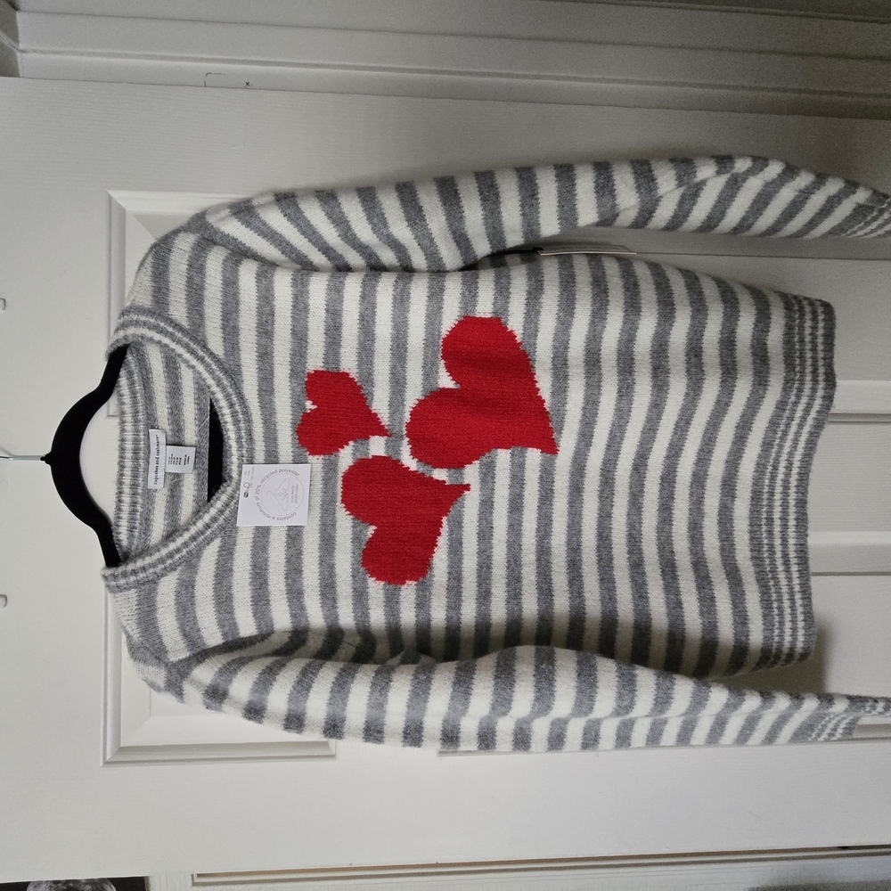 Striped Gray and Red Heart Sweater